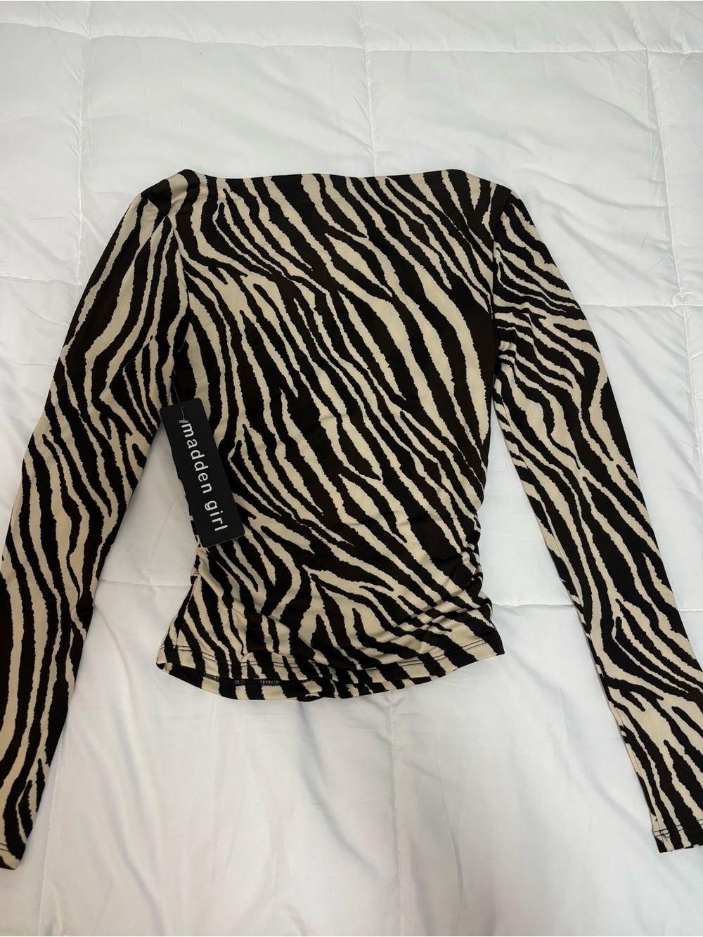 Madden Girl Zebra-Print Long Sleeve Top in Brown & Cream - Picture 2 of 3